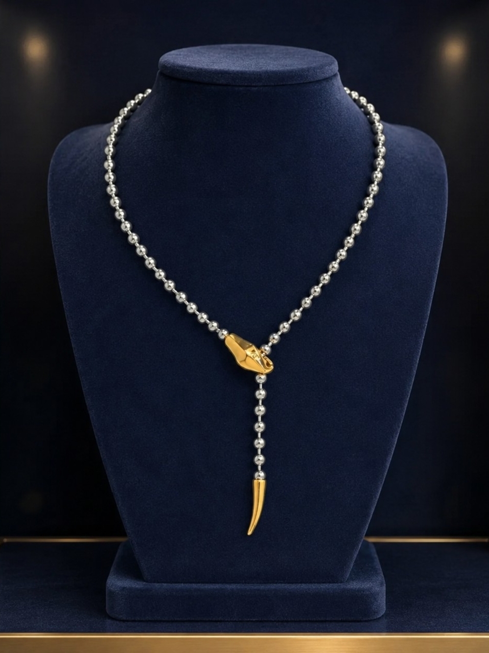 Silver Beaded Necklace with Gold Pendant and Accents